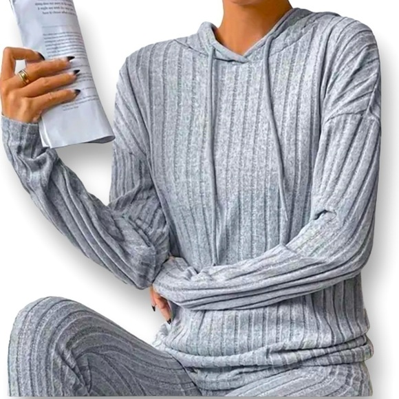 Vintage Wide Leg 2pc Ribbed Casual Lounging Tracksuit Grey XL - Picture 2 of 16